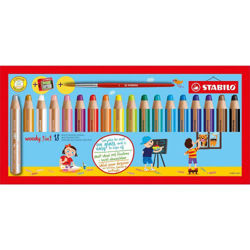 STABILO woody 3 in 1 Colouring Pencil Paint Brush and Sharpener Set Assorted Colours (Pack 18)