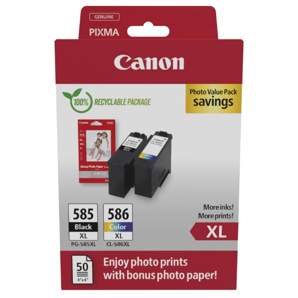 Original Canon PG-585XL / CL-586XL Black & Colour Combo Pack High Capacity Ink Cartridges & Photo Paper Value Pack (6204C005)